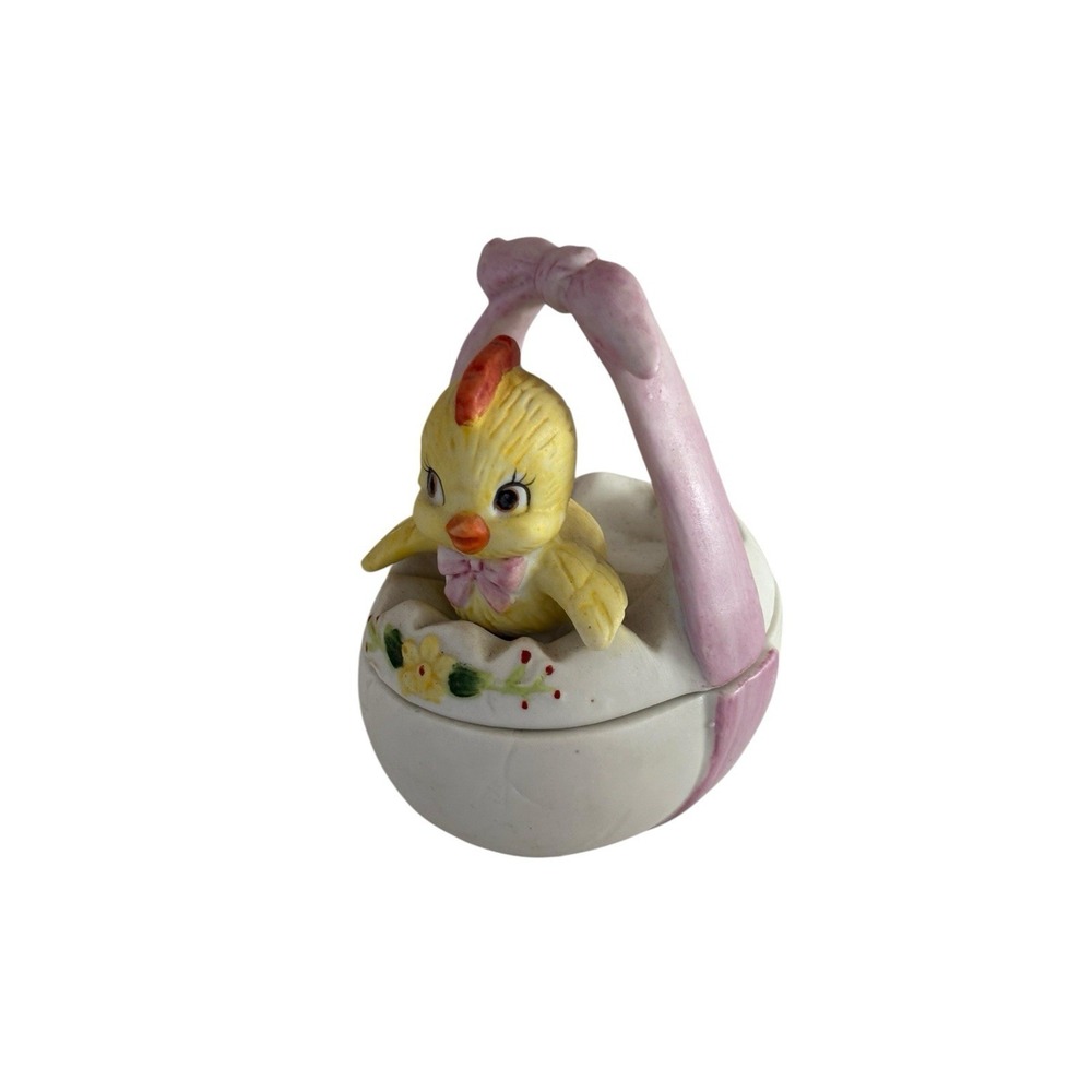 Vintage Lefton Chick In Egg Bow Trinket Box
